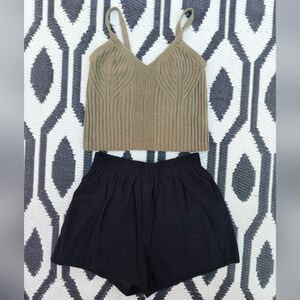 NEW Olive Green Ribbed Crop Top and Black Shorts Set